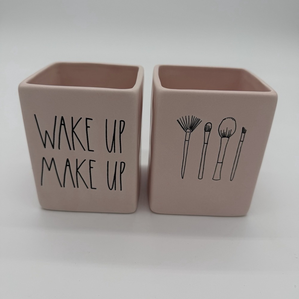 RAE DUNN WAKE UP MAKE UP Brush Holders Vanity BATH Bathroom 2PC Set NEW